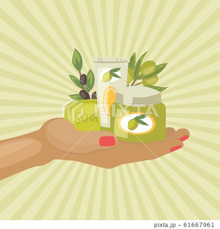 Cosmetics from olive oil jars with black and green olives, soap and cream on hand vintage poster vector illustration. Cosmetics from olive oil jars with black and green olives, soap and cream on hand vintage poster vector illustration. 61667961