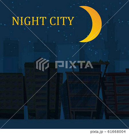 Silhouette of night city landscape on dark blue sky background with big moon and stars vector illustration. Night city design for website, advertising, banner and poster. 61668004