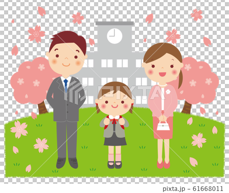 小学校 入学式 女の子と両親のイラスト素材