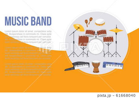 Rock or jazz musical band instruments banner, vector illustration. Concert poster, musical party, card, flyer or website. Musical band instruments drums set and electronical piano. 61668040
