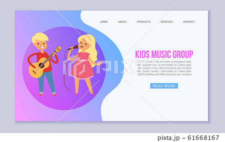 Cartoon kids playing musical instruments and singing vector web template of musical school. Illustration of childrens musicians band. 61668167