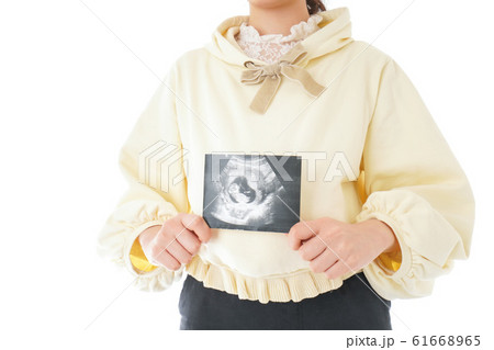 エコー画像を持つ若い妊婦の女性 61668965