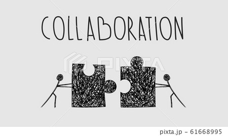 Iconic image of two people connecting puzzles, collaboration lettering 61668995