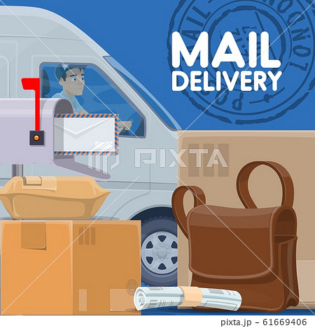 Mail delivery service. Postman in car and parcels Mail delivery service. Postman in car and parcels 61669406