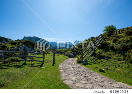 Trail road to mountains and lakes of nathional park Picos de Europa in Asturias, Spain 61669533