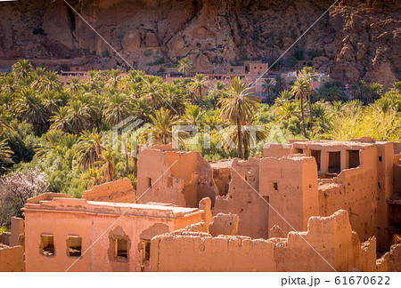 Ancient kasbah ruins amidst palm oasis in Tinghir Morocco 61670622
