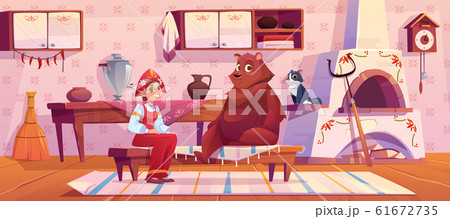 Woman in traditional old russian costume and bear 61672735