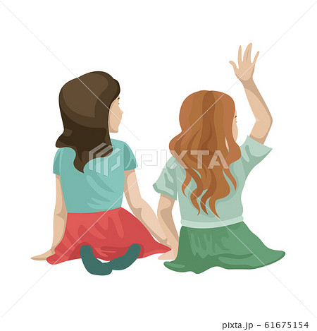 Two girls sit on the floor, back. Raised hand... - Stock Illustration  [61675154] - PIXTA