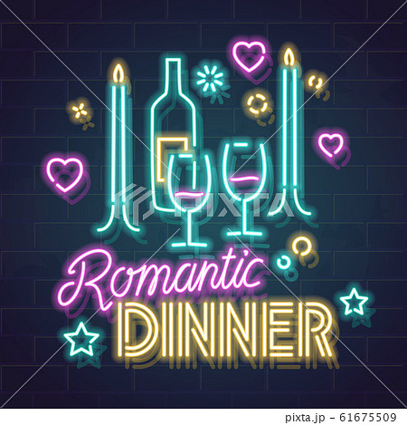 Neon romantic dinner illustration. Isolated vector line art image with handwritten typography on dark background. Fluorescent style evening concept for social network, poster, advertisement. Neon romantic dinner illustration. Isolated vector line art image with handwritten typography on dark background. Fluorescent style evening concept for social network, poster, advertisement. 61675509