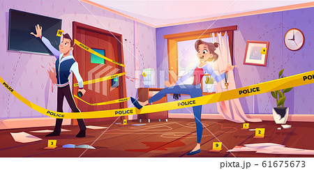 Man and girl in quest escape room with crime scene 61675673