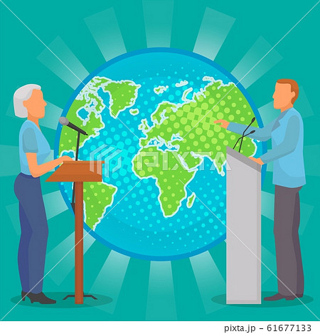 Dispute meeting of two people politicians, public or business figures about planet earth ecology vector illustration. Man and woman candidate ecological problems debate. 61677133