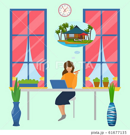 Working woman in office dreams about beach relax vacation in sea bungalow vector illustration. 61677135