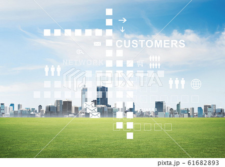 Natural background with modern cityscape green field and media interface Natural background with modern cityscape green field and media interface 61682893