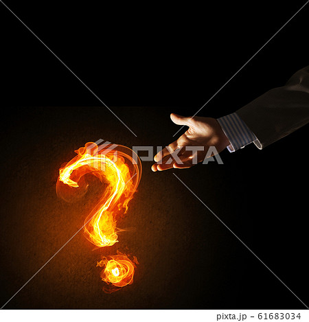 Concept of help or support with fire burning question mark Concept of help or support with fire burning question mark 61683034