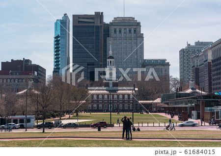 Independence Hall at afternoon time which have Pedestrian and tourist walking around in Philadelphia, Pennsylvania, United States of America, USA, History and culture of big town concept 61684015