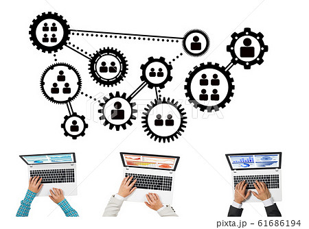 Top view of businesspeople sitting at table and using gadgets Top view of businesspeople sitting at table and using gadgets 61686194