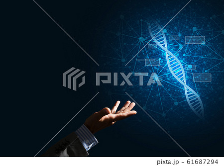 Science medicine and technology concepts as DNA molecule on dark background with connection lines 61687294