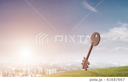 Conceptual background image of concrete key sign and natural landscape Conceptual background image of concrete key sign and natural landscape 61687667