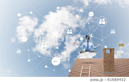 Concept of security and privacy protection with camera headed man meditating Concept of security and privacy protection with camera headed man meditating 61689432