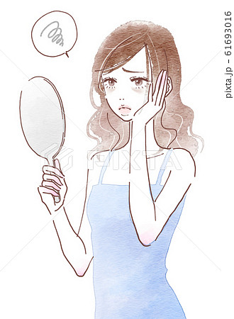 手鏡を見て茶クマに悩む若い女性のイラスト素材