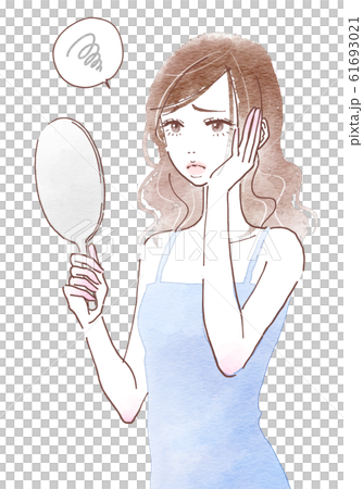 手鏡を見て悩む若い女性 61693021