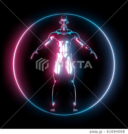 Neon light Vitruvian Man in circle frame Neon light Vitruvian Man in circle frame 61694008