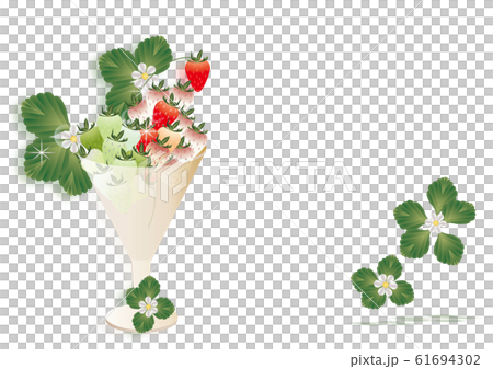 いちごとイチゴの花や葉をグラスに飾ったイラストの背景素材赤白緑の苺 61694302