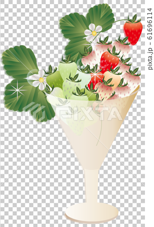 イチゴとイチゴの花や葉をグラスに飾ったイラストの赤白緑のイチゴのイラスト素材