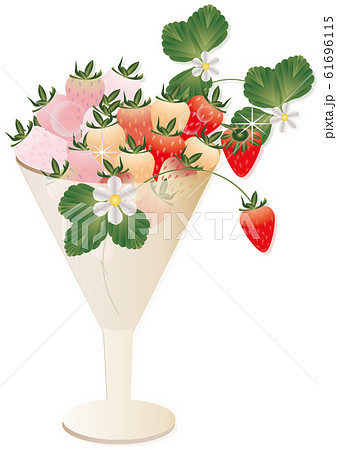 いちごとイチゴの花や葉をグラスに飾ったイラストのピンクと赤の苺のイラスト素材