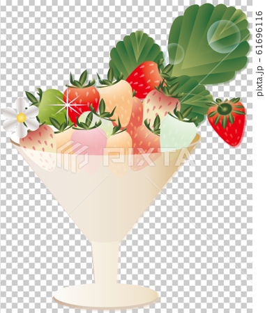いちごとイチゴの花や葉をグラスに飾ったイラストのカラフル苺のイラスト素材