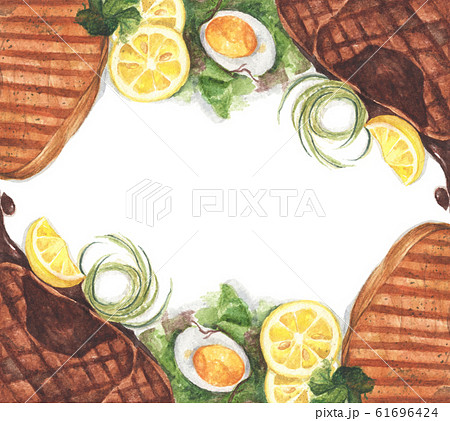 Grilled beef steaks and salad with boiled eggs. Watercolor illustration. Grilled beef steaks and salad with boiled eggs. Watercolor illustration. 61696424