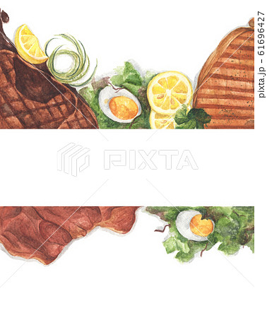 Grilled beef steaks and salad with boiled eggs. Watercolor illustration. Grilled beef steaks and salad with boiled eggs. Watercolor illustration. 61696427