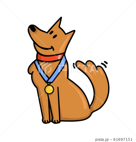Cute cartoon winner dog with gold medal on the neck. Champion with award on a collar. Flat vector illustration isolated on white background. 61697151