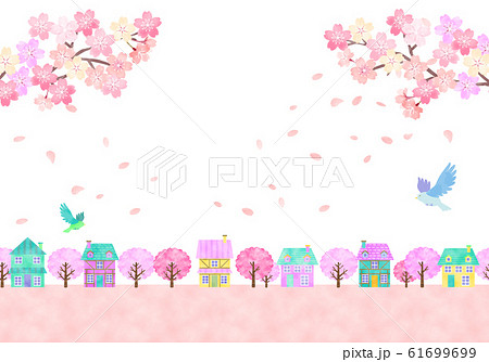 桜と春の街並み 手描き水彩風イラスト のイラスト素材