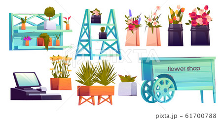 Flower shop set, potted plants on shelves, cashier 61700788