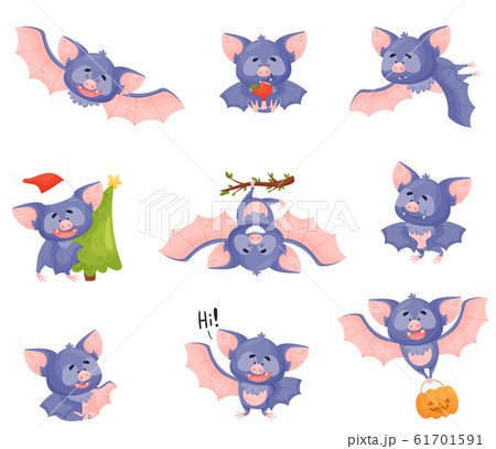 Funny Purple Bat Character in Different Poses Vector Set 61701591