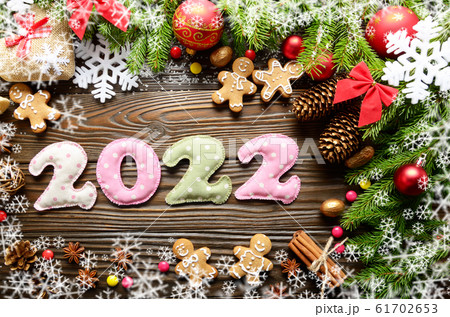 Colorful stitched digits 2022 of polkadot fabric Colorful stitched digits 2022 of polkadot fabric 61702653