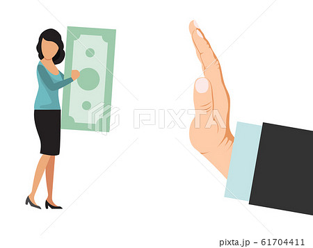 Person refuses money vector illustration. Refusal money business concept. Big hand refuse currency. Businesswoman offers cash to man who reject Person refuses money vector illustration. Refusal money business concept. Big hand refuse currency. Businesswoman offers cash to man who reject 61704411