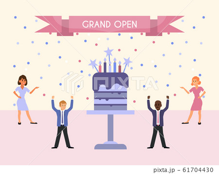 Grand open party people and cake vector illustration. People celebrate work corporate, standing near a big cake. Business event concept for events organizations 61704430