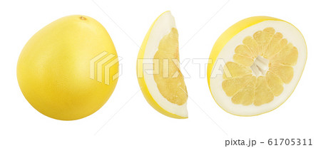 half of pomelo with slice isolated on white background. Top view. Flat lay. half of pomelo with slice isolated on white background. Top view. Flat lay. 61705311