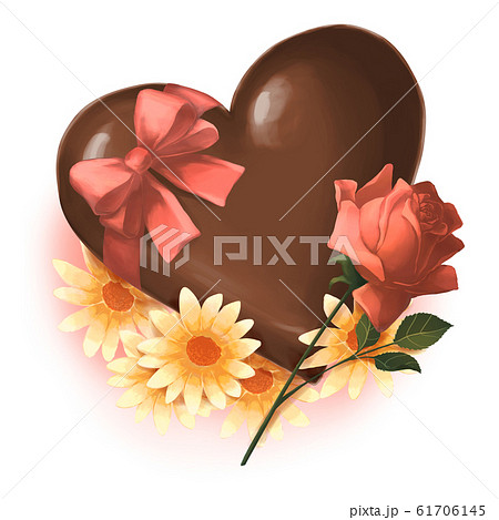 花とリボンのハート型バレンタインチョコレートのイラスト素材