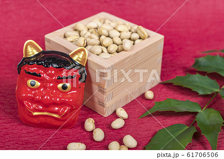 【節分 枡 赤背景 鬼 柊】 【節分 枡 赤背景 鬼 柊】 61706506