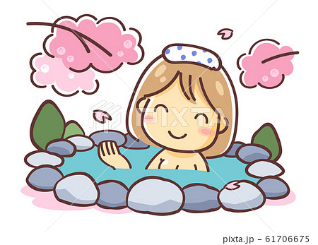 春の旅行 桜景色の中 温泉に入る女性 のデフォルメイラスト 露天風呂 のイラスト素材