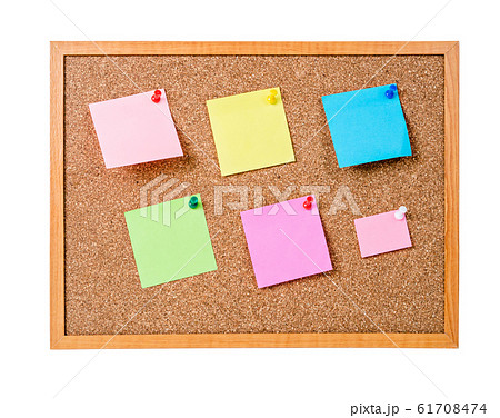 Blank sticky notes pinned on cork memo board. Blank sticky notes pinned on cork memo board. 61708474