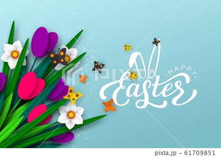 Easter background with paper cut spring flowers. Easter background with paper cut spring flowers. 61709851