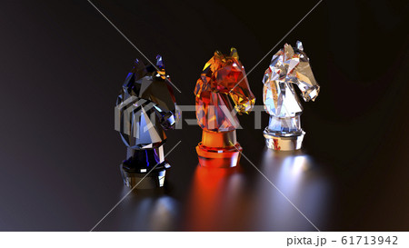 Chess 3 pieces horses made of glass colors red, blue, transparent on a dark brushed metal background. Luxury figures with noble cut glass with edges. 3d illustration. 61713942