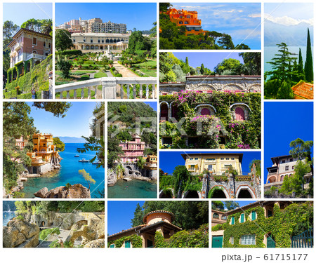 Collage about beautiful villas or colorful houses at Italy 61715177