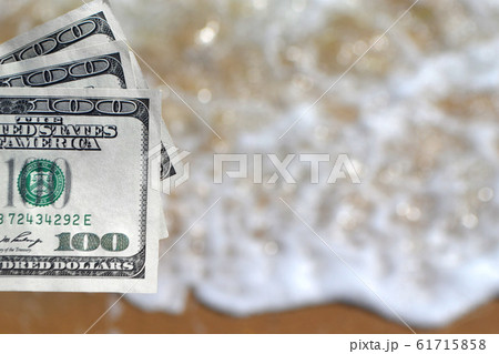 Girl holding money bill of 300 dollars on background of sea ocean Girl holding money bill of 300 dollars on background of sea ocean 61715858