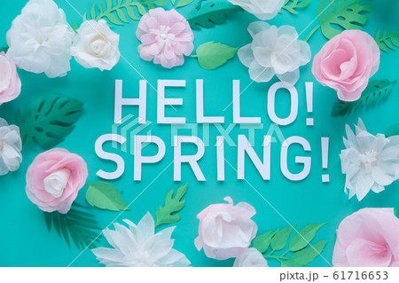 Hello, spring With white and rose paper flowers Hello, spring With white and rose paper flowers 61716653