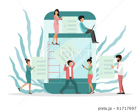Online voting by tiny people vector illustration. Phone screen, box, voters paper lists with decision. Modern electronic voting system for electorate 61717697
